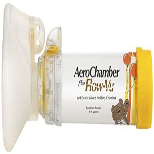 Aerochamber Plus Flow-Vu anti-static valved holding chamber with MEDIUM CHILDS MASK (1-5 years), Yellow