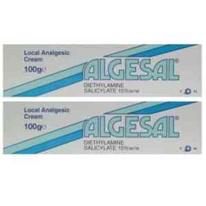 Algesal Cream - Local Analgesic Cream - A tube of Algesal Cream with a white and green design, labeled 'Algesal Cream - Local Analgesic Cream.' The tube is designed to provide targeted pain relief for muscles and joints. The product is set against a clean, white background, emphasizing its use for soothing pain and inflammation