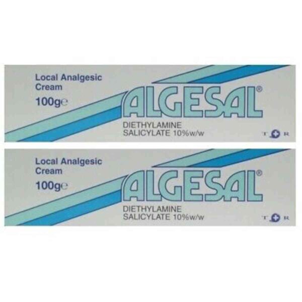 Algesal Cream - Local Analgesic Cream - A tube of Algesal Cream with a white and green design, labeled 'Algesal Cream - Local Analgesic Cream.' The tube is designed to provide targeted pain relief for muscles and joints. The product is set against a clean, white background, emphasizing its use for soothing pain and inflammation