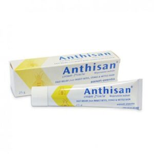 A tube of Anthisan Cream Allergy Relief Cream, 25g, displayed against a plain white background. The tube is white with green accents and features the product name "Anthisan Cream" prominently on the front along with "Allergy Relief Cream" and "25g." The packaging also includes information about its use for treating insect bites, stings, and other allergic skin reactions.