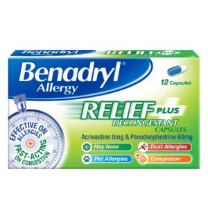 Benadryl Allergy Relief Plus Decongestant, 12 Capsules