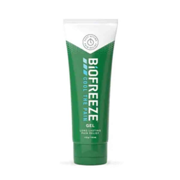 Biofreeze Cold Pain Relief Gel, 30ml - A compact green and white tube of Biofreeze Gel designed for cold therapy pain relief. The label reads 'Biofreeze Cold Pain Relief Gel' and includes the size '30ml.' The tube has a clear cap, highlighting its portable design for on-the-go use. The product is set against a clean, white background, emphasizing its use for soothing sore muscles, backaches, sore joints, and arthritis pain