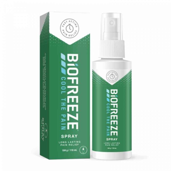 Biofreeze Pain Relief Spray, 118ml - A green and white spray bottle of Biofreeze Pain Relief Spray designed for cold therapy pain relief. The label reads 'Biofreeze Pain Relief Spray' and includes the size '118ml.' The spray nozzle is visible, highlighting the easy application for targeting sore muscles, backaches, sore joints, and arthritis pain. The product is set against a clean, white background