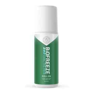 Biofreeze Pain Relieving Roll-on Gel, 89ml - A green and white roll-on bottle of Biofreeze Gel designed for cold therapy pain relief. The label reads 'Biofreeze Pain Relieving Gel' and includes the size '89ml.' The roll-on applicator is visible, making it easy to target sore muscles, backaches, sore joints, and arthritis pain with precise application. The product is set against a clean, white background