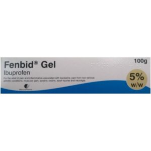Fenbid Gel - Ibuprofen 5% Gel - A tube of Fenbid Gel with a white and blue design, labeled 'Ibuprofen 5% Gel.' The tube indicates it contains 5% ibuprofen and is used for pain and inflammation relief. The product is set against a clean, white background, emphasizing its use for backache, rheumatic pain, muscular pain, sprains, strains, and sports injuries