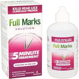 The image shows a bottle of "Full Marks Solution," a head lice treatment product. The bottle is white with a green label featuring the product name prominently in bold, uppercase letters. The label includes an image of a louse and states that the solution is effective in treating head lice. The bottle has a child-proof cap, ensuring safety in households with children. The overall packaging design is clean and professional, emphasizing its medical efficacy.