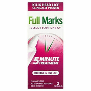 The image shows a 150ml bottle of "Full Marks Solution Spray - Head Lice Treatment." The bottle is white with a green label featuring the product name prominently in bold, uppercase letters. The label also includes an image of a louse and mentions the pack size of 150ml. The bottle is equipped with a spray nozzle for easy application. The overall design is clean and professional, emphasizing its effectiveness in treating head lice.