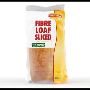 Package of Glutafin Gluten Free Fibre Loaf Sliced Bread, weighing 300 grams. The clear packaging showcases the evenly sliced bread inside, emphasizing its soft texture and golden crust. The label highlights the product as gluten-free and high in fiber, suitable for those on a gluten-free diet