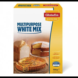 Package of Glutafin Gluten Free Multipurpose White Mix weighing 500 grams. The packaging is predominantly white and blue, with bold text indicating it is gluten-free. A variety of suggested uses such as baking bread, cakes, and pancakes are illustrated on the front, highlighting the mix's versatility