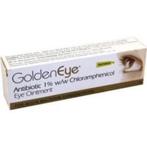 Image of a 4g tube of GoldenEye Antibiotic Eye Ointment Chloramphenicol, clearly labeled, displayed on a neutral background to emphasize the product details and packaging
