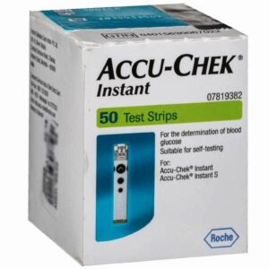 Box of Accu-Chek Instant Blood Glucose Test Strips on a clean, white background. The box is prominently displayed, showing the Accu-Chek and Roche logos, and highlights compatibility with the Accu-Chek Instant Monitor. The image emphasizes the product's ease of use and precision for diabetes management