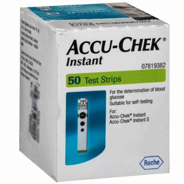 Box of Accu-Chek Instant Blood Glucose Test Strips on a clean, white background. The box is prominently displayed, showing the Accu-Chek and Roche logos, and highlights compatibility with the Accu-Chek Instant Monitor. The image emphasizes the product's ease of use and precision for diabetes management