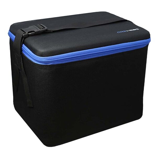 Image of the CoolMeds Global travel case, designed for storing medicine and insulin. The case is engineered to maintain temperatures between 2 to 8 degrees Celsius for 30 to 36 hours. It features a robust, blue exterior with a structured, hard-shell design and a secure latch closure. Visible in the image is a small, built-in digital thermometer on the case's front for monitoring internal temperatures. The compact size makes it ideal for extended travel, ensuring medications remain at a safe, stable temperature.