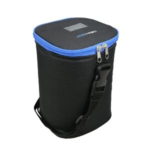 Photograph of the Coolmeds Go travel case for medicine and insulin. The compact, rectangular case features a sleek, dark outer shell with the Coolmeds logo in the center. It's designed to maintain temperatures between 2 to 8 degrees Celsius for 15 to 20 hours, ensuring medications are kept at a safe temperature. The image shows the case closed and possibly includes a handle or strap for easy carrying