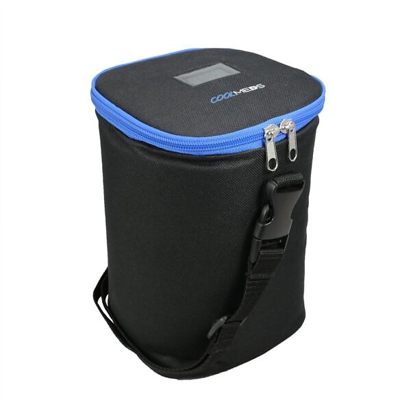 Photograph of the Coolmeds Go travel case for medicine and insulin. The compact, rectangular case features a sleek, dark outer shell with the Coolmeds logo in the center. It's designed to maintain temperatures between 2 to 8 degrees Celsius for 15 to 20 hours, ensuring medications are kept at a safe temperature. The image shows the case closed and possibly includes a handle or strap for easy carrying