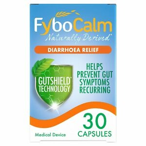 Image of a package of Fybocalm Diarrhoea Relief Capsules, containing 30 capsules. The packaging highlights its use for effective and rapid relief from diarrhea.