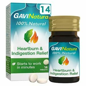 Image of a package of GaviNatura Natural Heartburn & Indigestion Relief, showing 14 tablets. The packaging highlights the product's natural ingredients for treating heartburn and indigestion