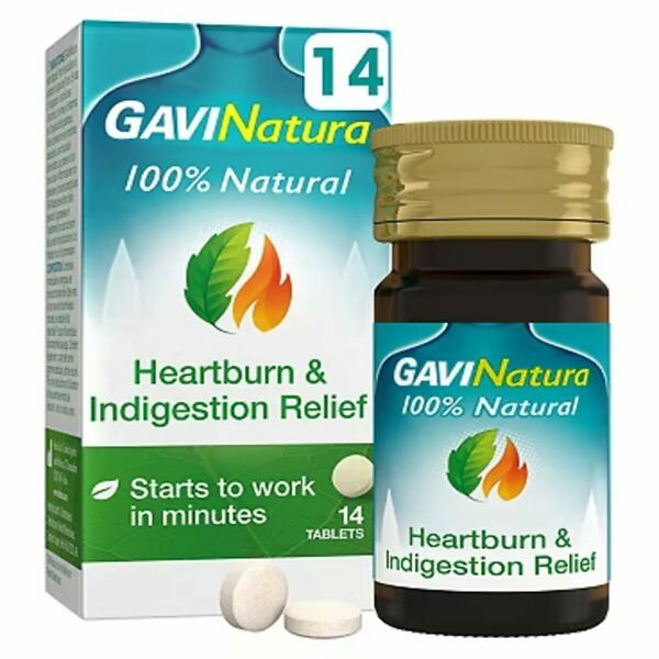Image of a package of GaviNatura Natural Heartburn & Indigestion Relief, showing 14 tablets. The packaging highlights the product's natural ingredients for treating heartburn and indigestion