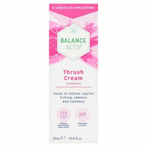 Balance Activ Thrush Cream, 30ml tube placed against a white background, highlighting the packaging with clear product name and details for treating and soothing thrush symptoms.