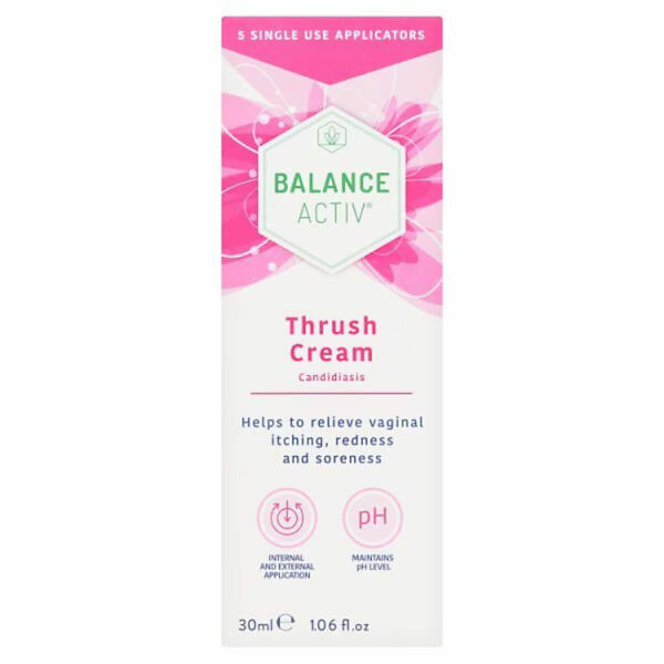 Balance Activ Thrush Cream, 30ml tube placed against a white background, highlighting the packaging with clear product name and details for treating and soothing thrush symptoms.