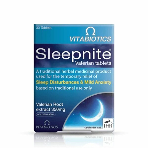 The product image shows a box of Vitabiotics Sleepnite Valerian Tablets, containing 30 tablets. The packaging is predominantly dark blue with yellow accents and features the product name "Sleepnite" in bold letters at the top, along with "Valerian Tablets" underneath. The box highlights the key benefit of promoting natural sleep. There are also images of valerian plants and a moon, indicating its use as a sleep aid. The overall design is clean and professional, suggesting a high-quality health supplement.