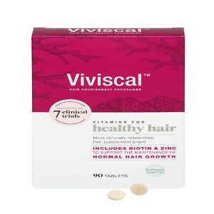 Product image of Viviscal Maximum Strength Women's Supplements, 60 Tablets. The bottle features a sleek design with a white and pink label, highlighting the product name and key benefits. The packaging emphasizes its clinically proven formula to nourish thinning hair, promote hair growth, and support overall hair health for women